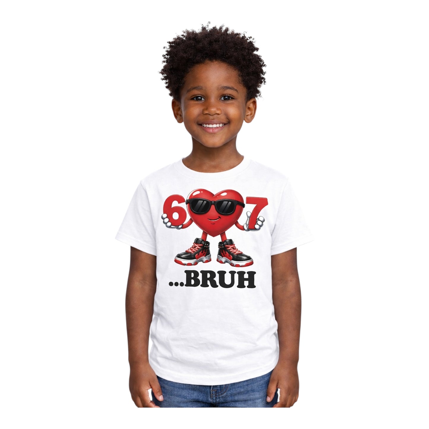 Kids 6 Heart 7 “BRUH” Graphic T-Shirt – Fun Valentine Tee (Black or White)