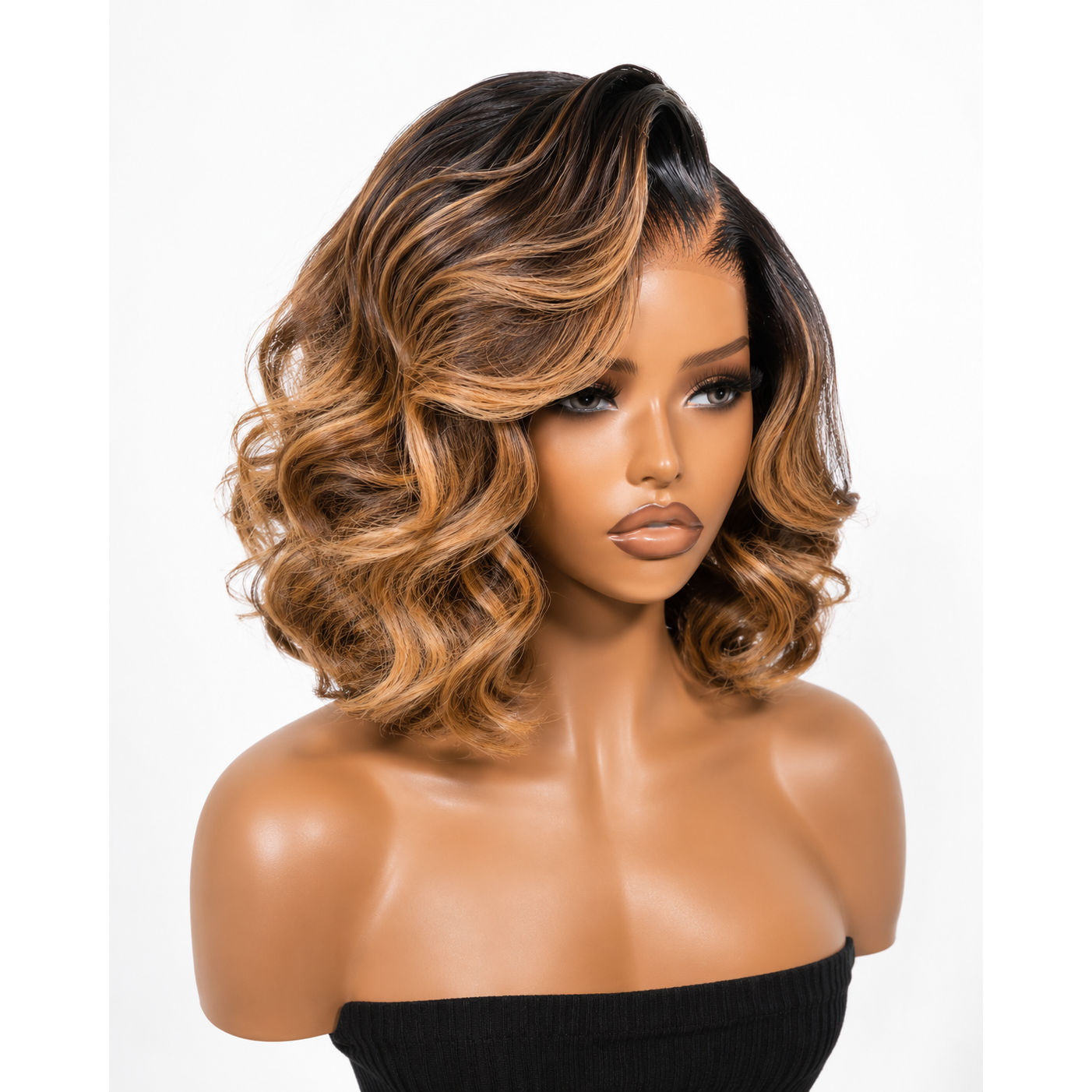 KB 7x5 & 13x4 Lace Frontal Brown Wig with Honey Blonde Face-Framing Highlights | Wavy Bob Glueless Human Hair Drawstring Wig
