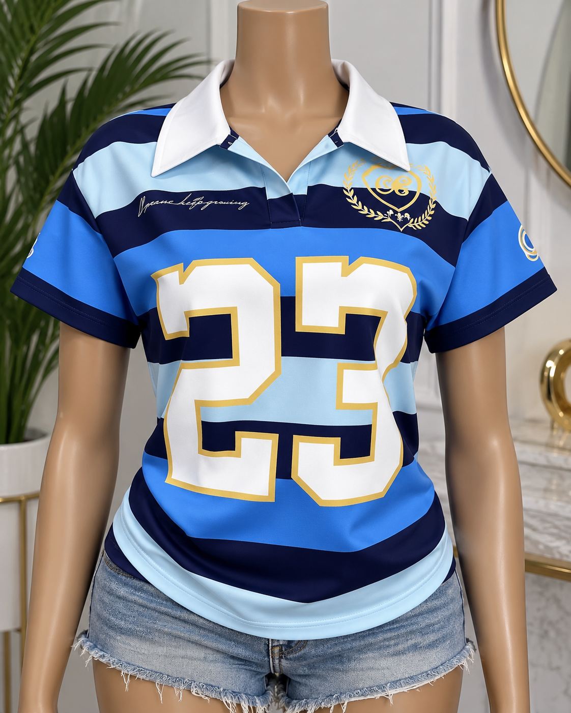 Women’s Blue Striped #23 Varsity Polo Shirt | Short Sleeve Casual Top
