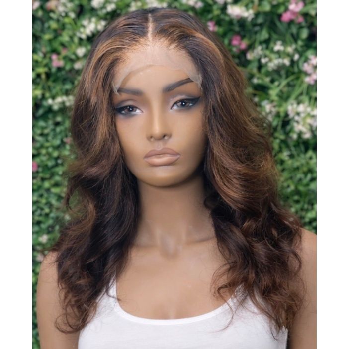 26” Honey Brown Highlight Lace Front Body Wave Wig 100% Human Hair – Natural Part