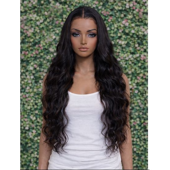 28” Black Body Wave Glueless Lace Front Wig | Synthetic | Middle Part