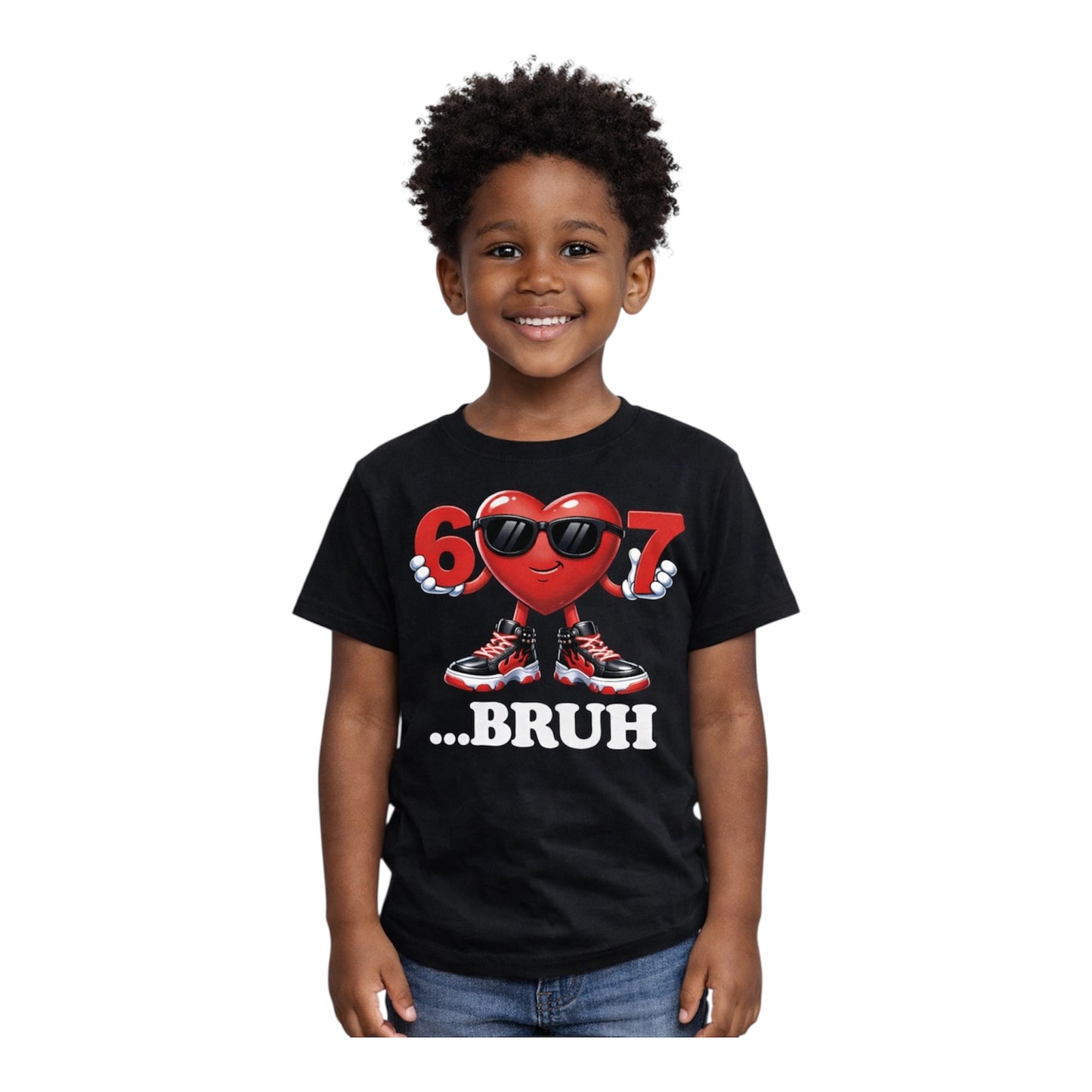 Kids 6 Heart 7 “BRUH” Graphic T-Shirt – Fun Valentine Tee (Black or White)