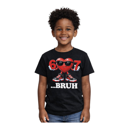 Kids 6 Heart 7 “BRUH” Graphic T-Shirt – Fun Valentine Tee (Black or White)