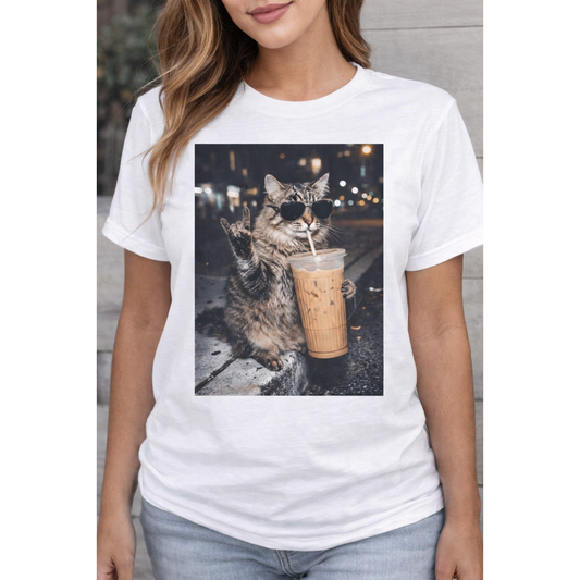 Cool Cat Coffee Graphic Tee – Funny Sunglasses Cat T-Shirt for Coffee Lovers