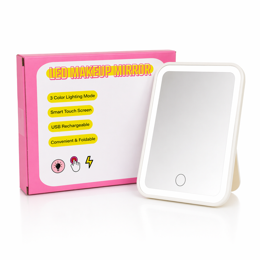LED Makeup Mirror – Rechargeable Touch Screen Vanity Mirror (3 Light Modes, Foldable Travel Mirror)