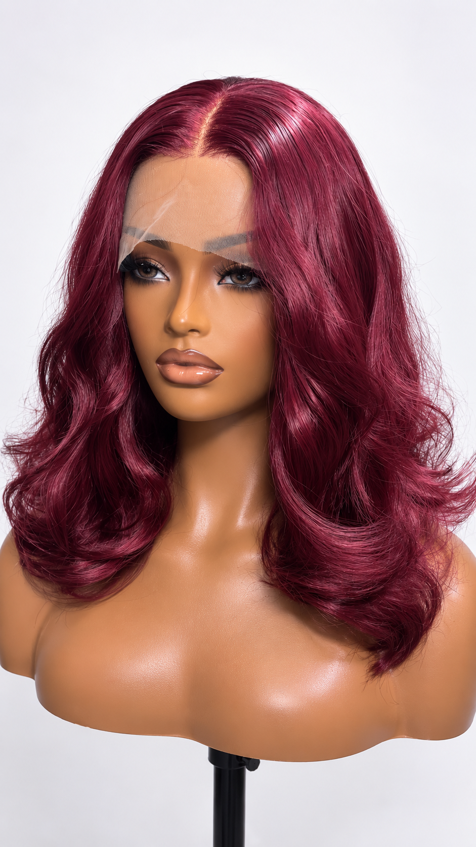 KB 16-Inch Burgundy Red Synthetic Lace Front Wig | Long Layered Wavy Hair | Middle Part